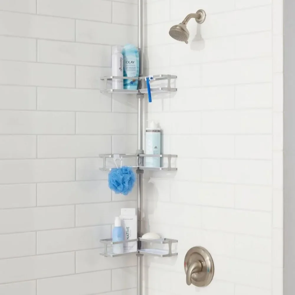Threshold Corner 3-Tier Shelves Tension Pole Shower Caddy in Silver (SHIP ALONE)